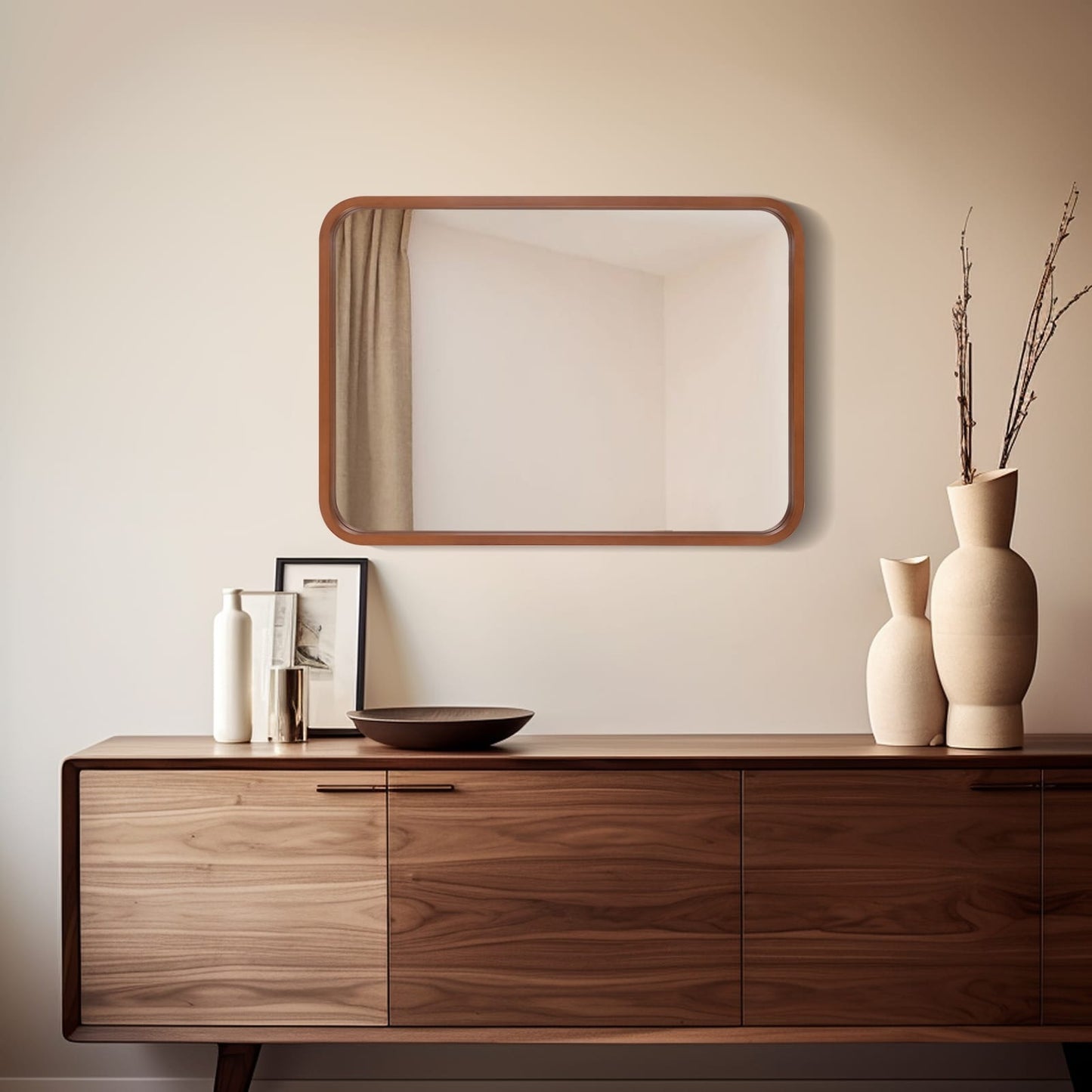 Miroir mural rectangulaire d'angle rond avec cadre en bois massif