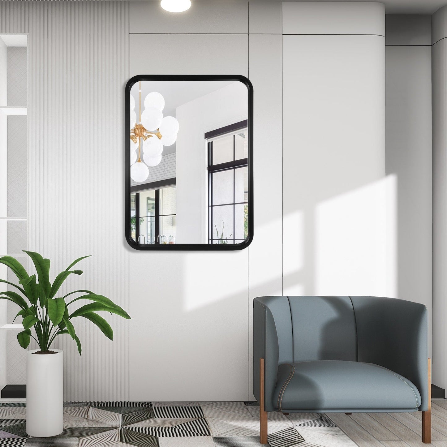 Miroir mural rectangulaire d'angle rond avec cadre en bois massif