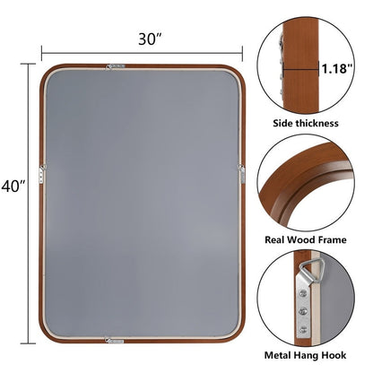 Miroir mural rectangulaire d'angle rond avec cadre en bois massif