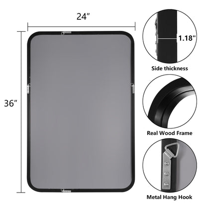 Miroir mural rectangulaire d'angle rond avec cadre en bois massif