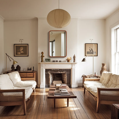 Miroir mural rectangulaire d'angle rond avec cadre en bois massif