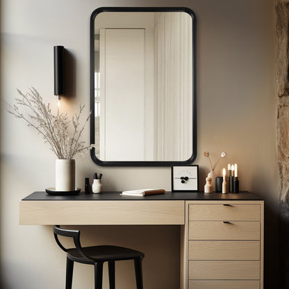 Miroir mural rectangulaire d'angle rond avec cadre en bois massif