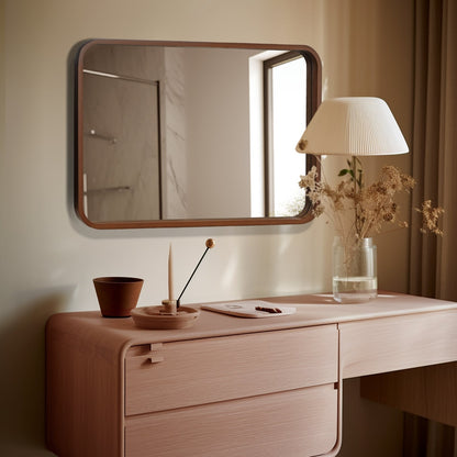 Miroir mural rectangulaire d'angle rond avec cadre en bois massif