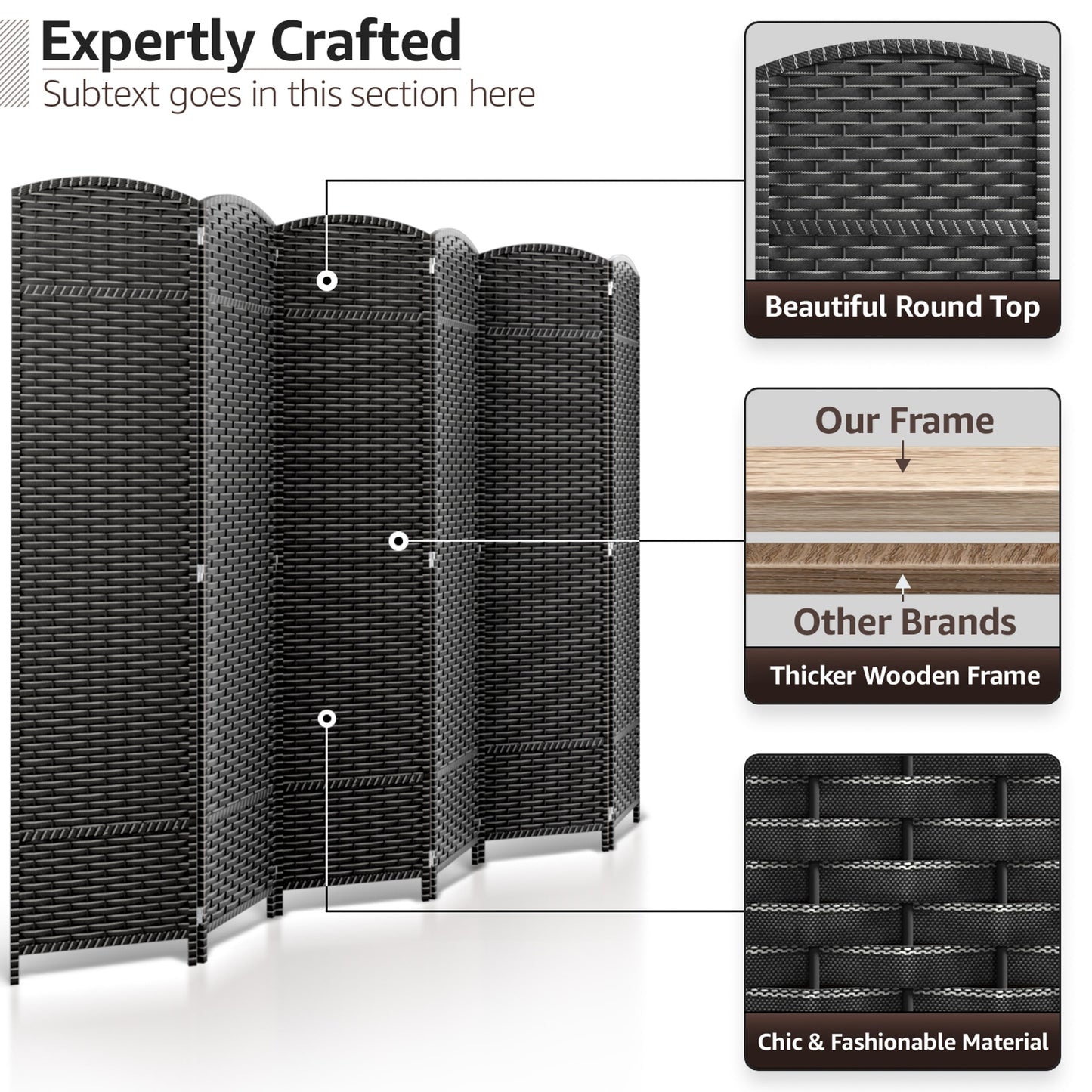 Séparateur de pièce Sorbus à 6 panneaux, cloison de séparation extra large et pliable, tissée à la main, à double charnière, en maille - 1,8 m