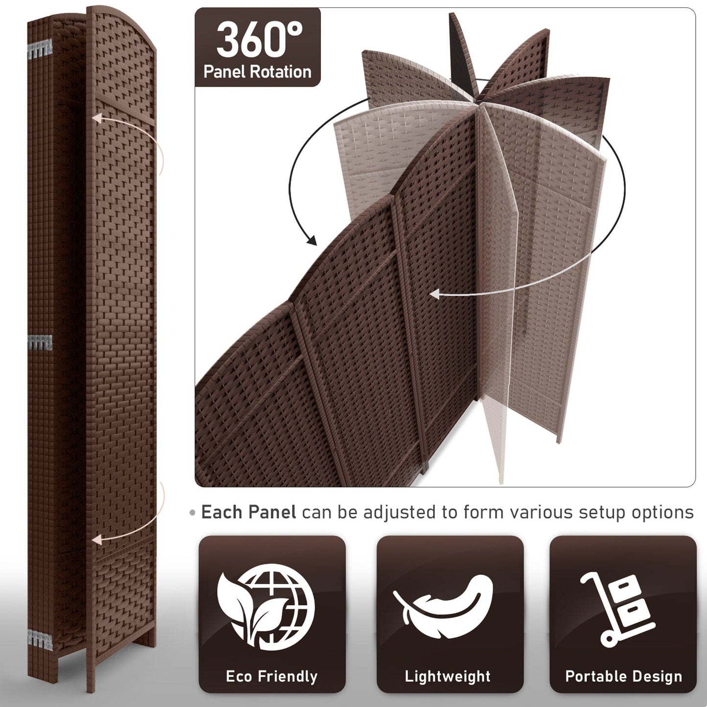 Séparateur de pièce Sorbus à 6 panneaux, cloison de séparation extra large et pliable, tissée à la main, à double charnière, en maille - 1,8 m