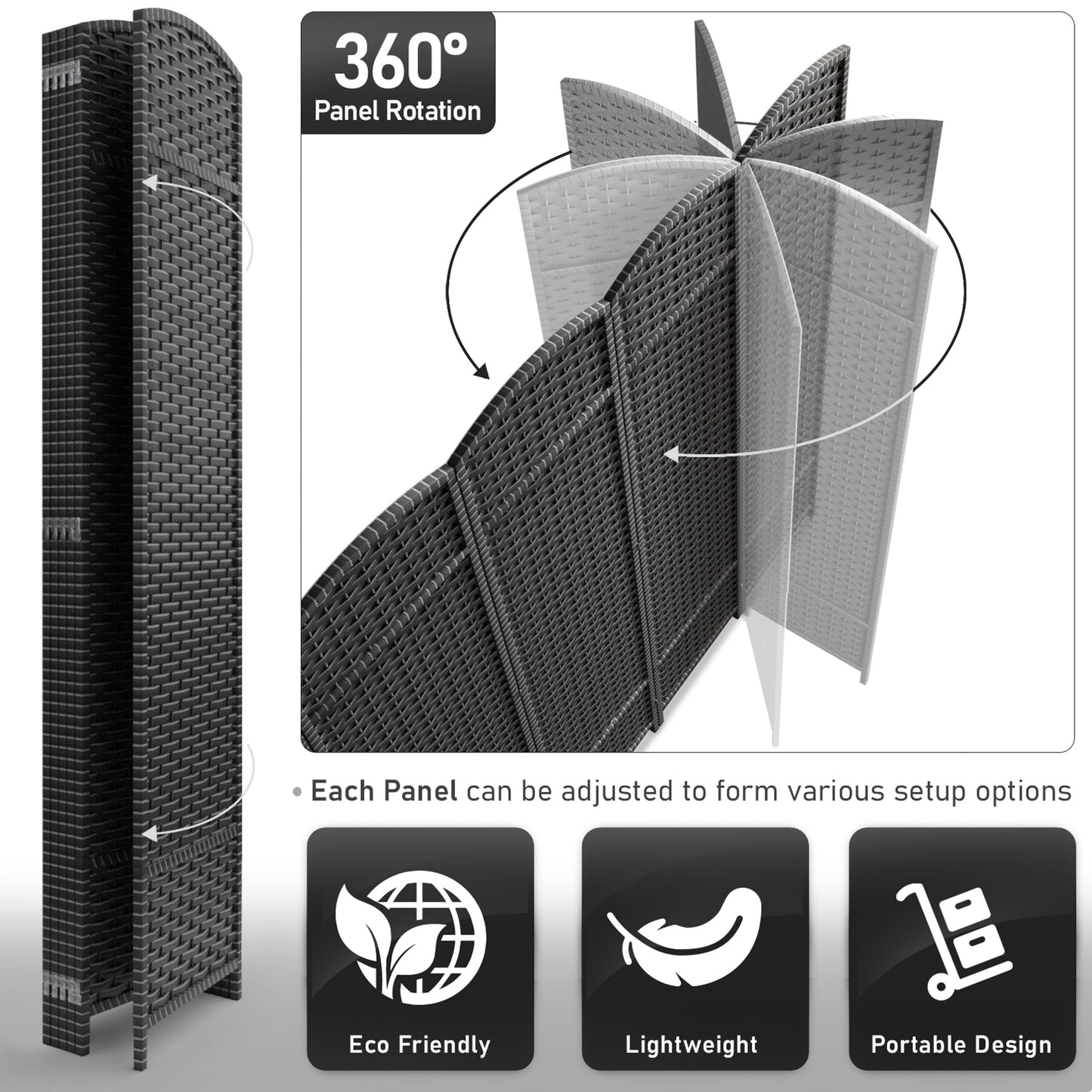 Séparateur de pièce Sorbus à 6 panneaux, cloison de séparation extra large et pliable, tissée à la main, à double charnière, en maille - 1,8 m