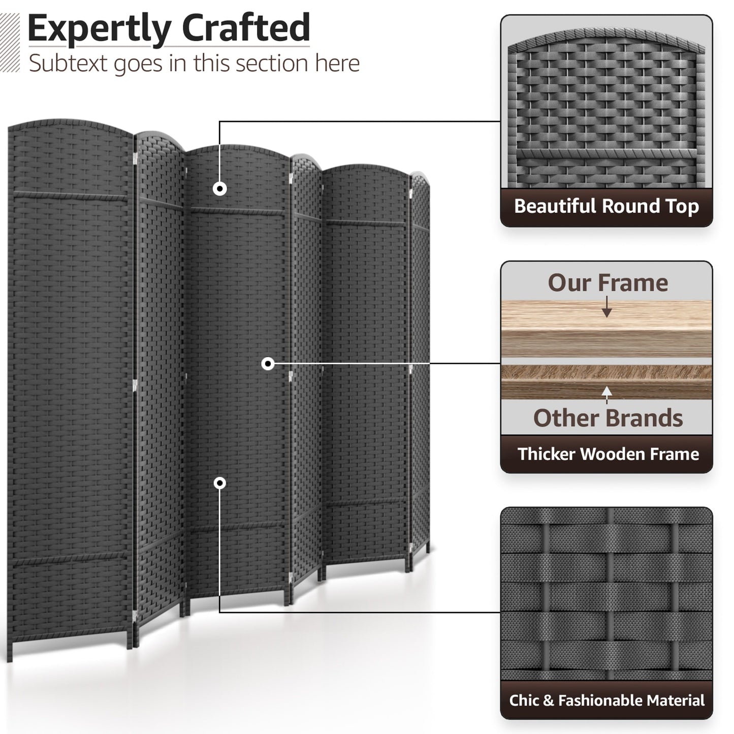 Séparateur de pièce Sorbus à 6 panneaux, cloison de séparation extra large et pliable, tissée à la main, à double charnière, en maille - 1,8 m