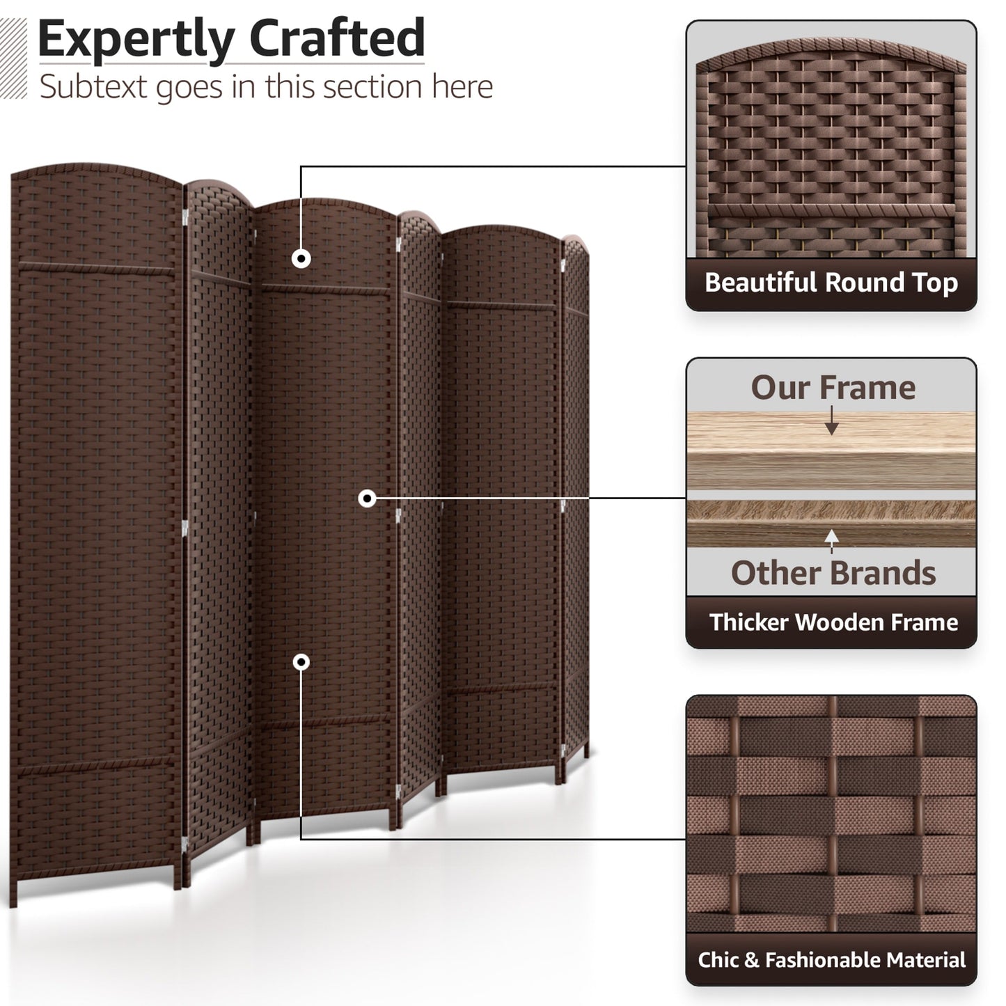 Séparateur de pièce Sorbus à 6 panneaux, cloison de séparation extra large et pliable, tissée à la main, à double charnière, en maille - 1,8 m