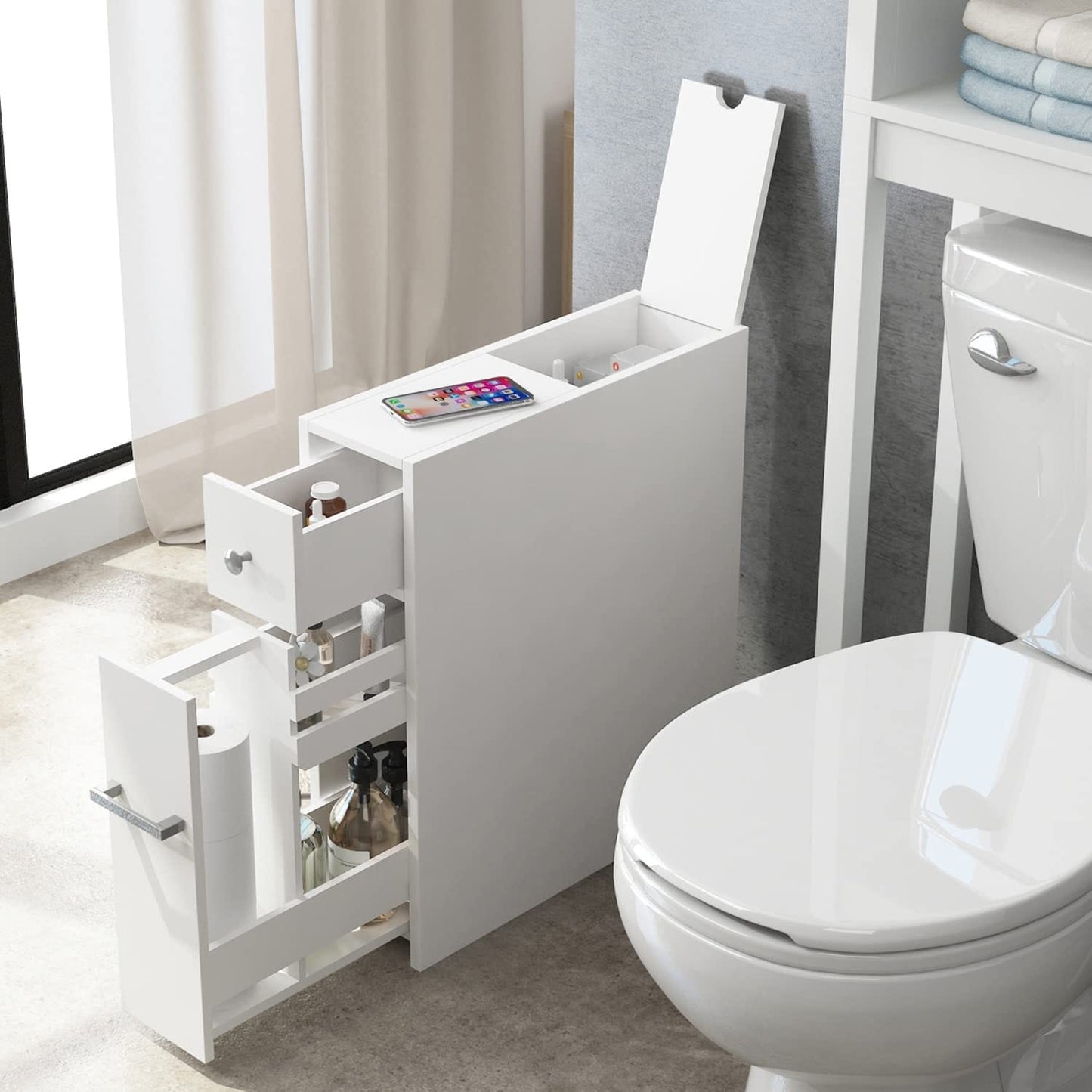 Meuble de rangement de salle de bain Spirich Home Slim, porte-papier toilette autoportant, tiroir coulissant pour meuble de salle de bain