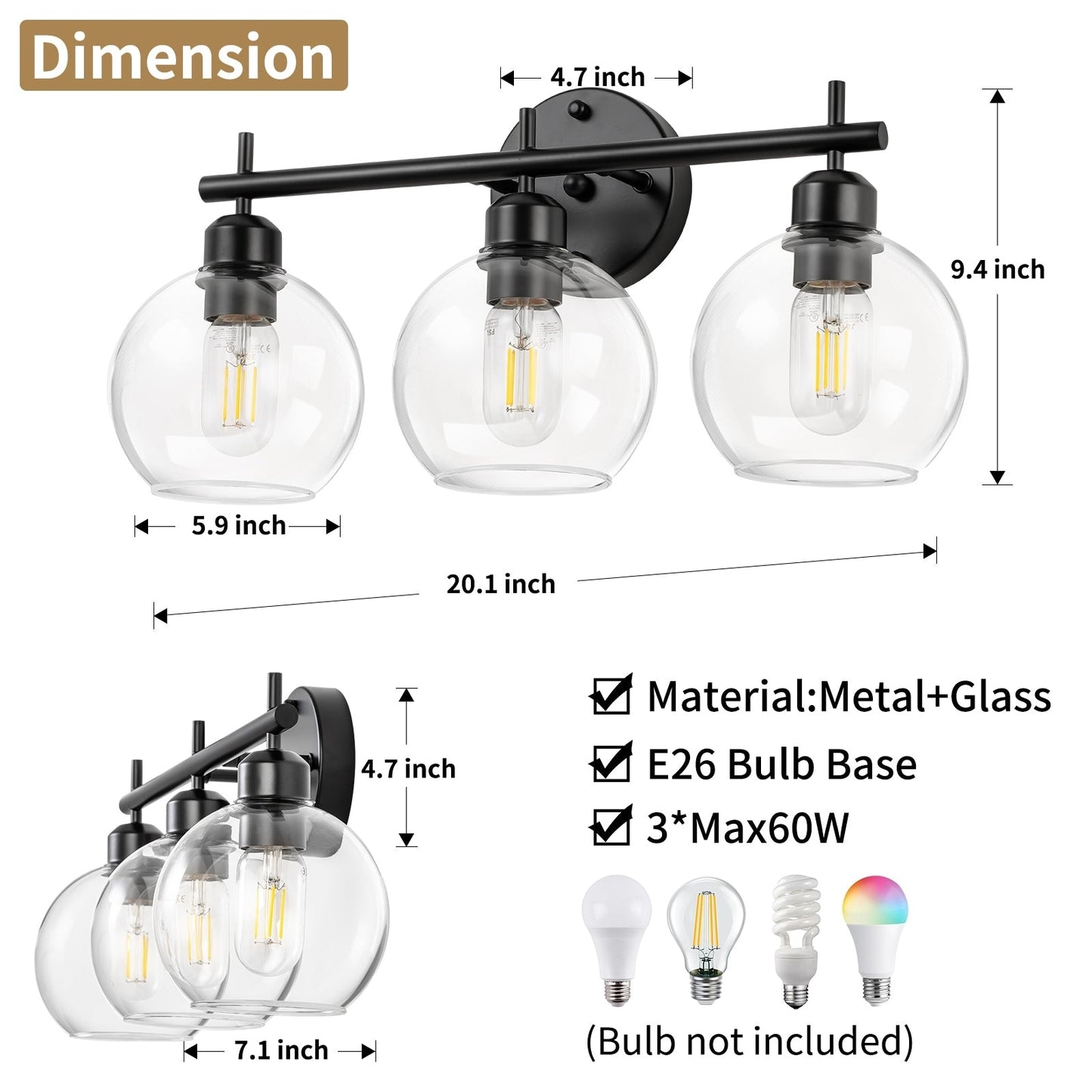 Applique de salle de bain moderne Starsky à 4 lumières et intensité variable avec abat-jour en verre globe