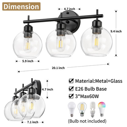 Applique de salle de bain moderne Starsky à 4 lumières et intensité variable avec abat-jour en verre globe