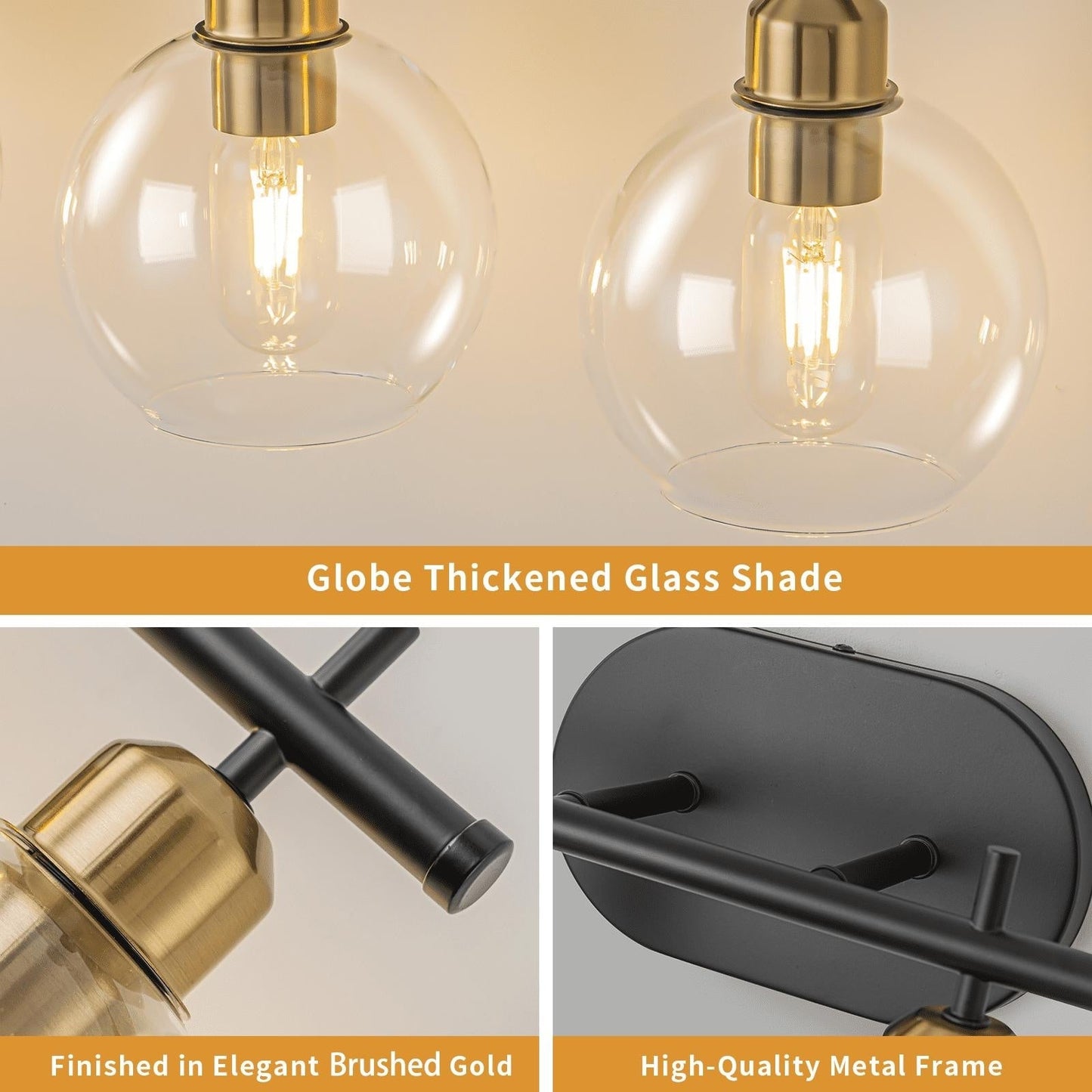 Applique de salle de bain moderne Starsky à 4 lumières et intensité variable avec abat-jour en verre globe