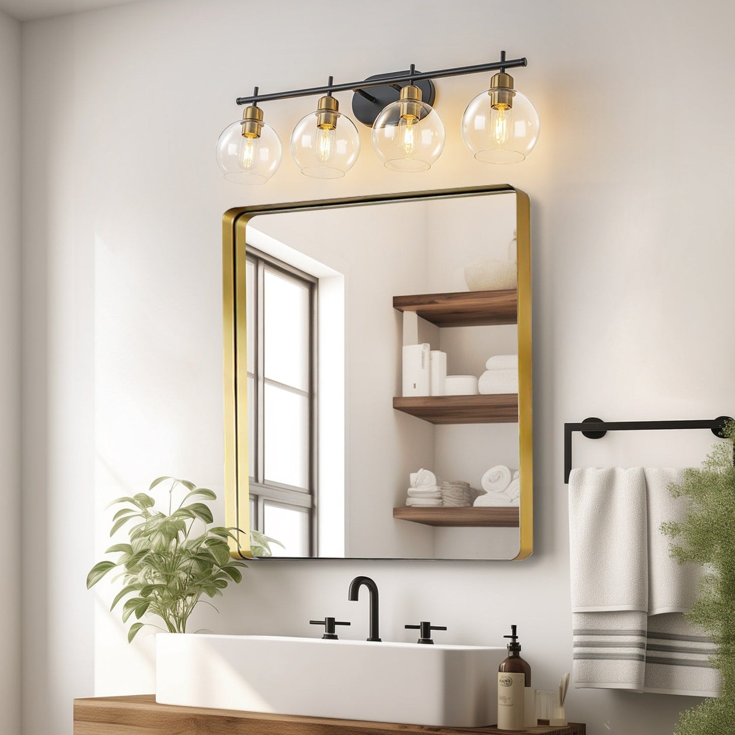 Applique de salle de bain moderne Starsky à 4 lumières et intensité variable avec abat-jour en verre globe