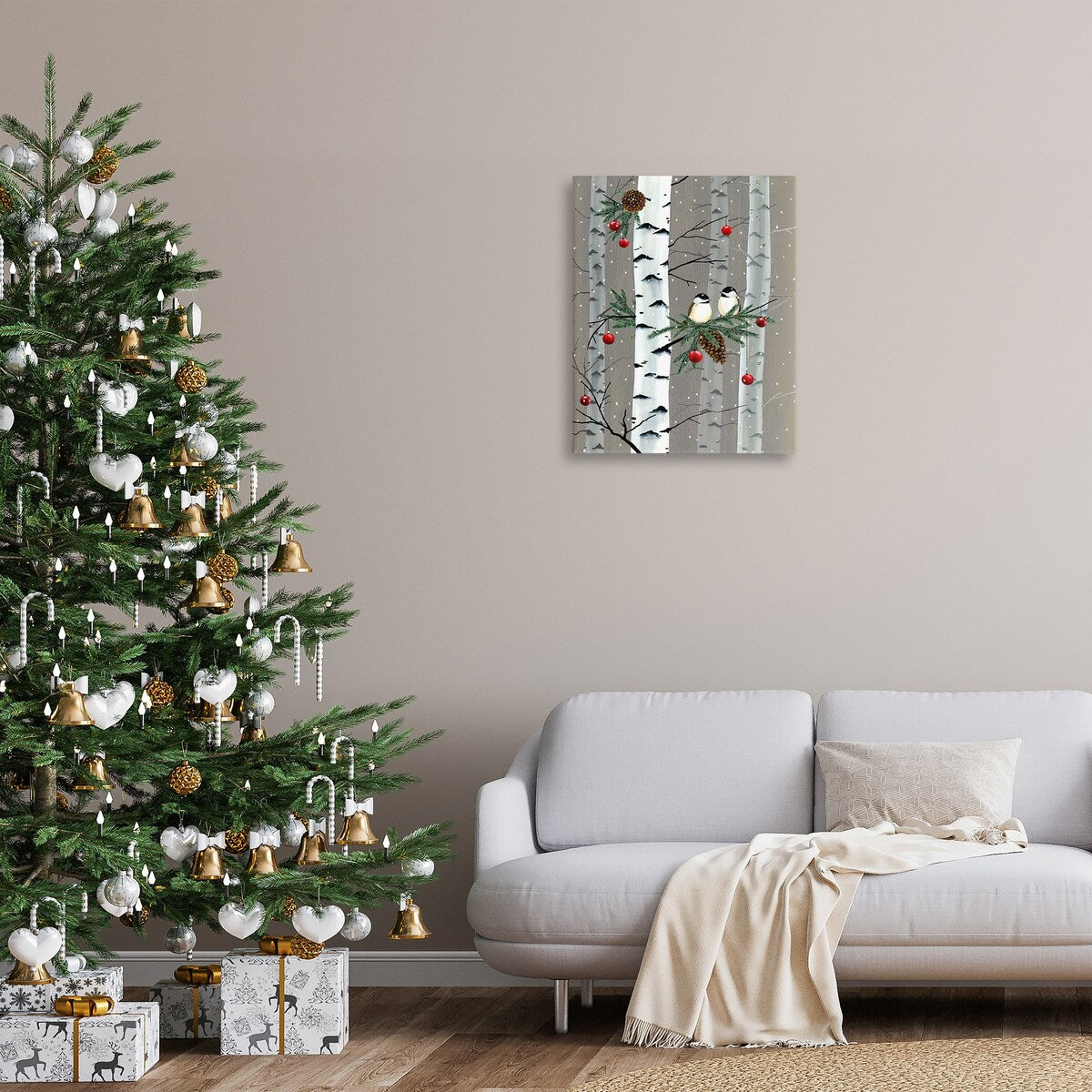 Toile murale Stupell représentant des oiseaux et des décorations de Noël, forêt de bouleaux