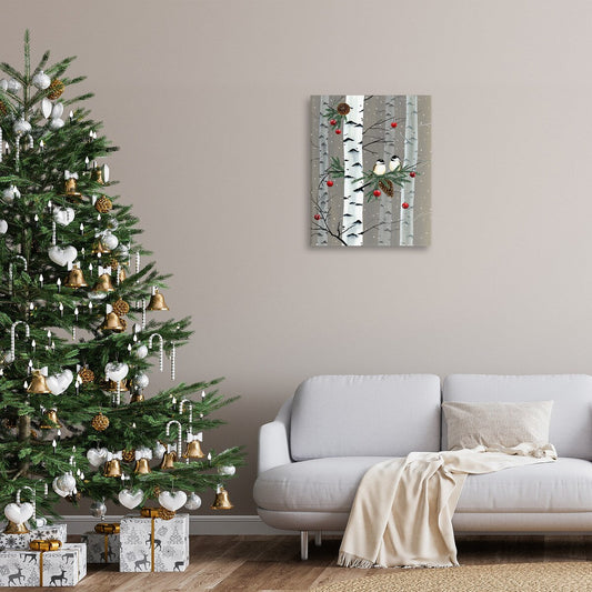 Toile murale Stupell représentant des oiseaux et des décorations de Noël, forêt de bouleaux