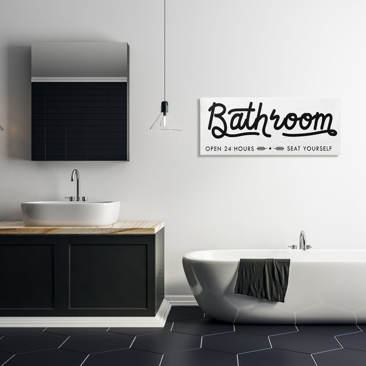 Stupell - Panneau de salle de bain « Asseyez-vous » - Toile murale minimaliste noire et blanche