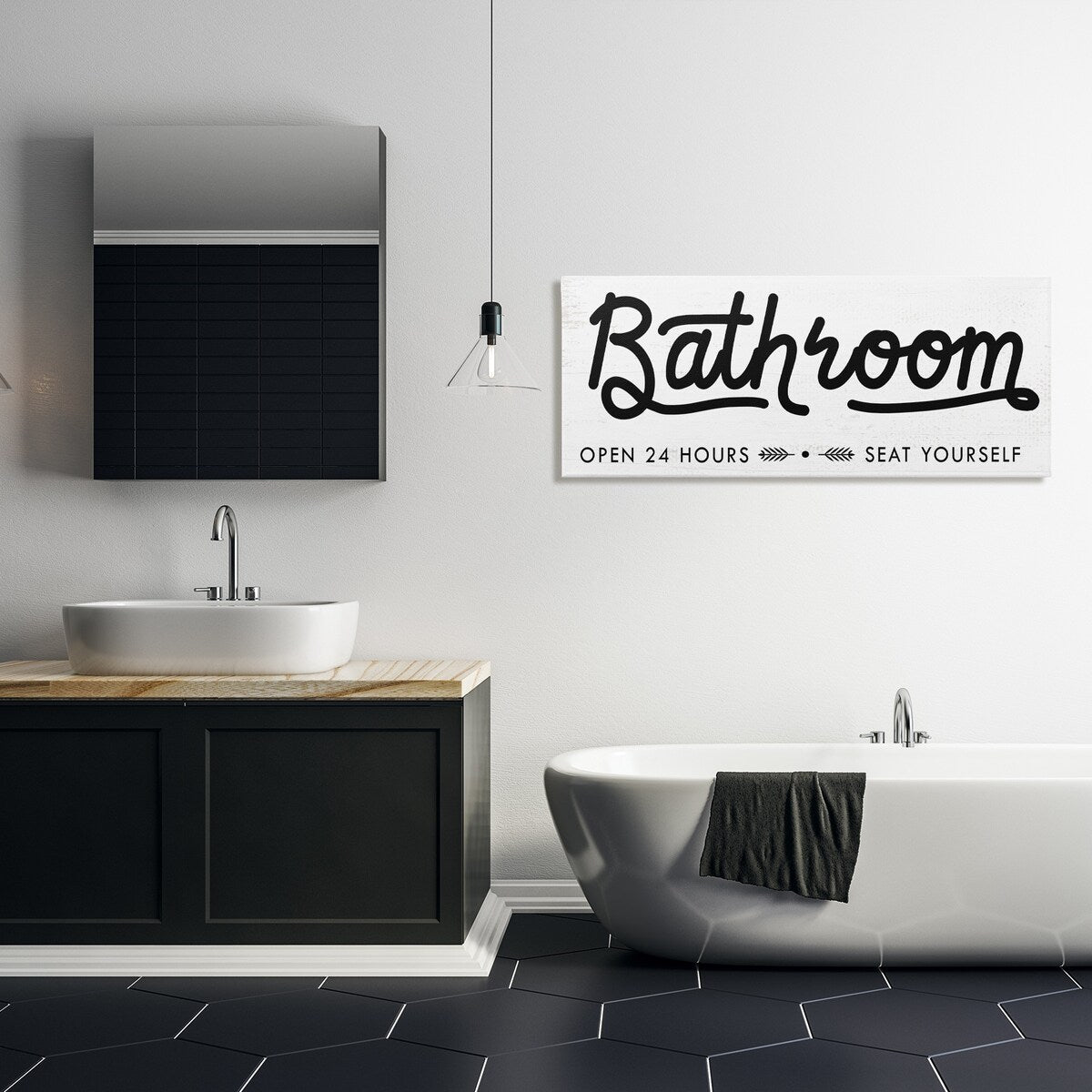 Stupell - Panneau de salle de bain « Asseyez-vous » - Toile murale minimaliste noire et blanche