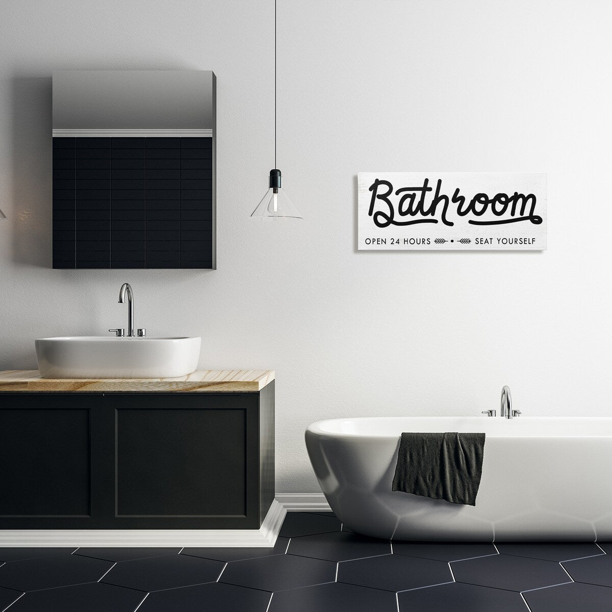 Stupell - Panneau de salle de bain « Asseyez-vous » - Toile murale minimaliste noire et blanche