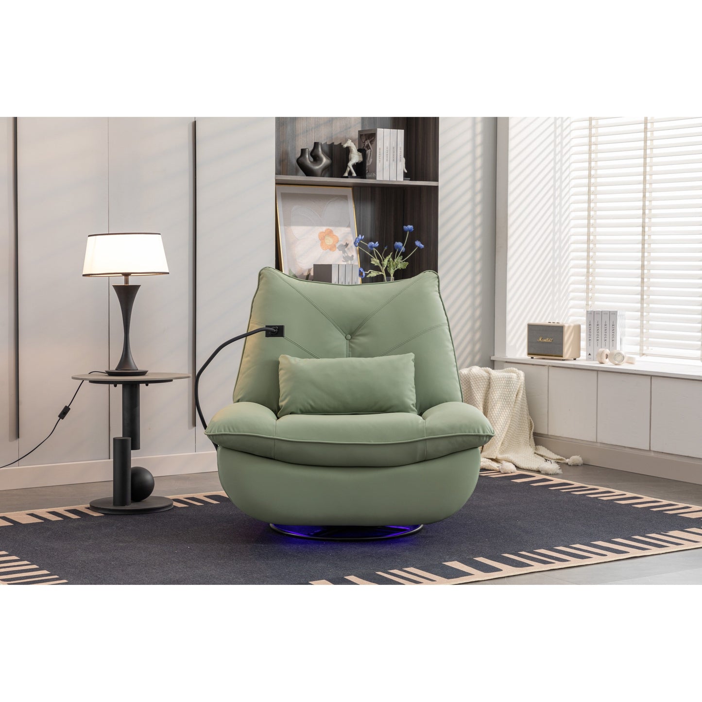 Fauteuil inclinable pivotant et électrique avec haut-parleurs Bluetooth, support de téléphone, ports de charge USB et Type-C, rangement dissimulé dans les accoudoirs