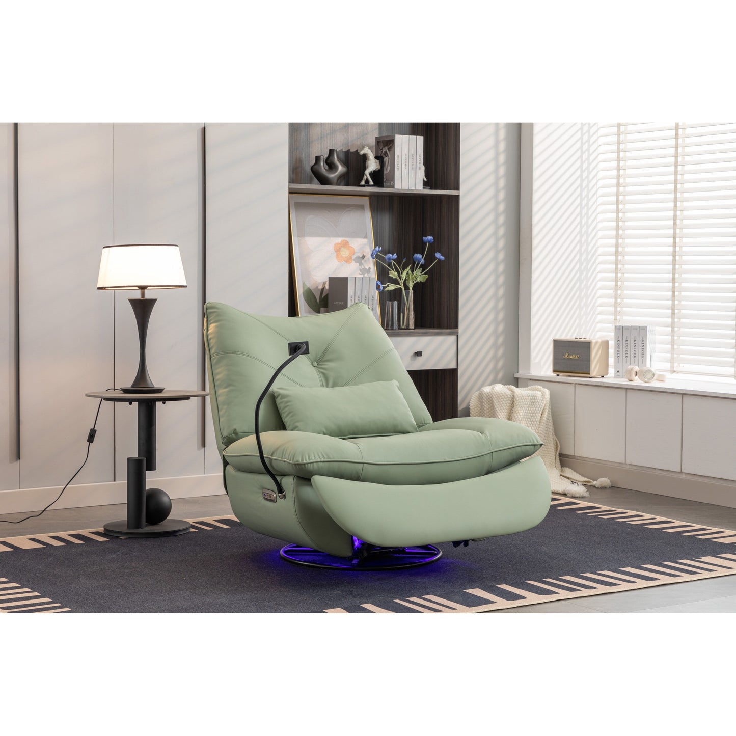 Fauteuil inclinable pivotant et électrique avec haut-parleurs Bluetooth, support de téléphone, ports de charge USB et Type-C, rangement dissimulé dans les accoudoirs