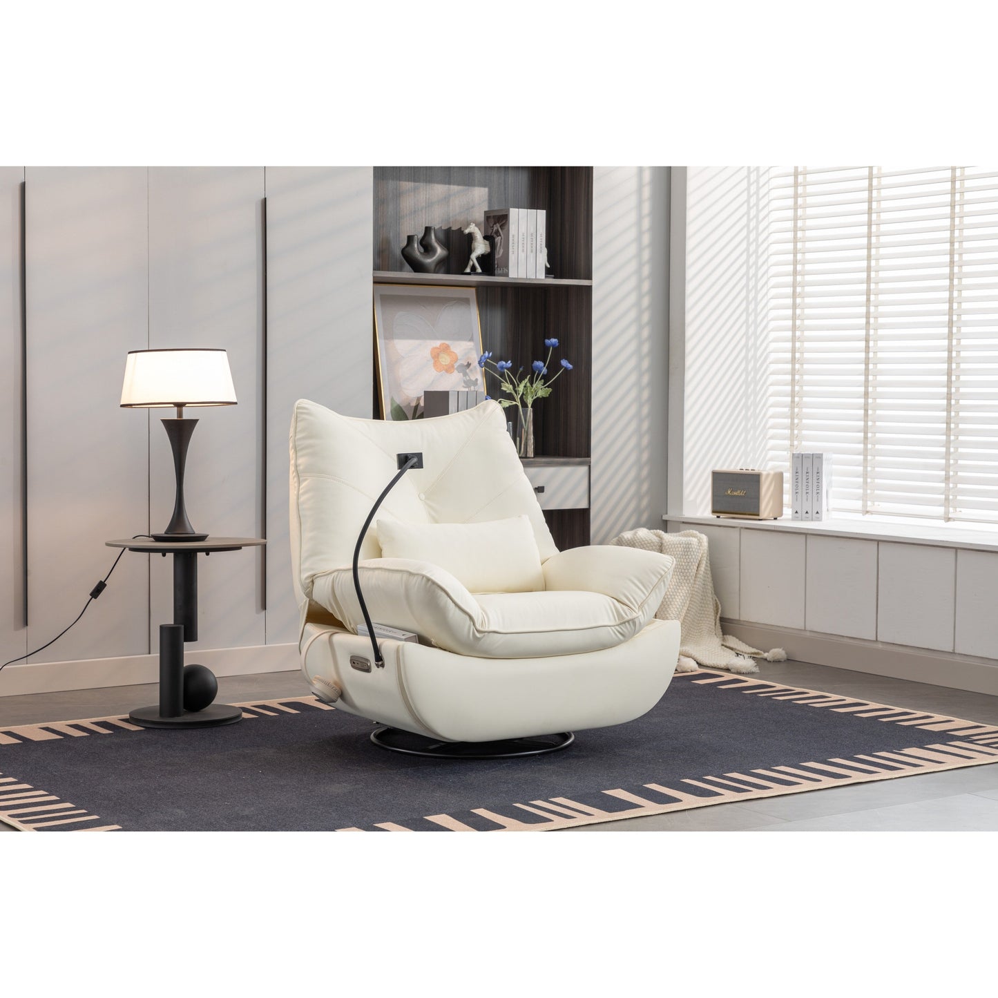 Fauteuil inclinable pivotant et électrique avec haut-parleurs Bluetooth, support de téléphone, ports de charge USB et Type-C, rangement dissimulé dans les accoudoirs