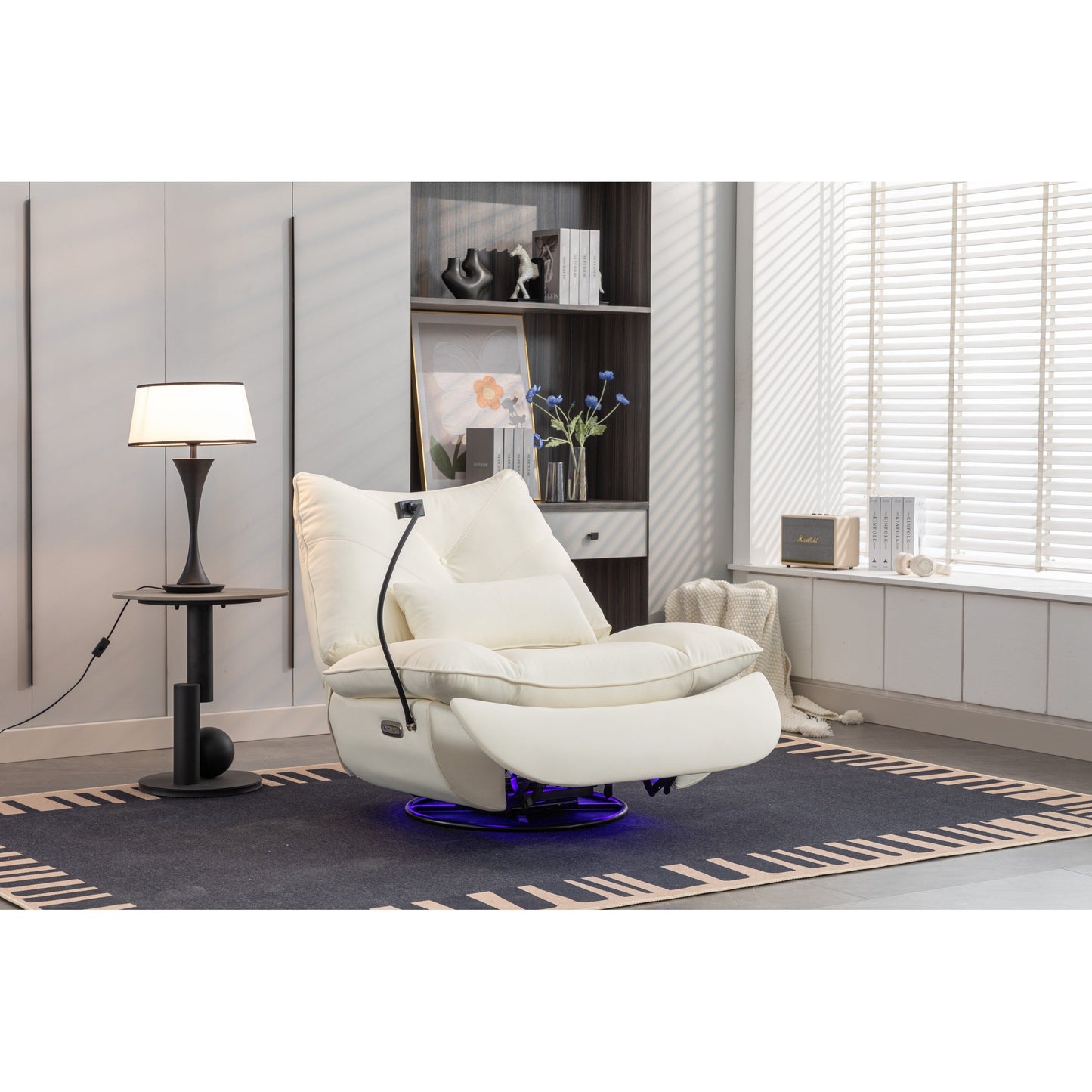 Fauteuil inclinable pivotant et électrique avec haut-parleurs Bluetooth, support de téléphone, ports de charge USB et Type-C, rangement dissimulé dans les accoudoirs