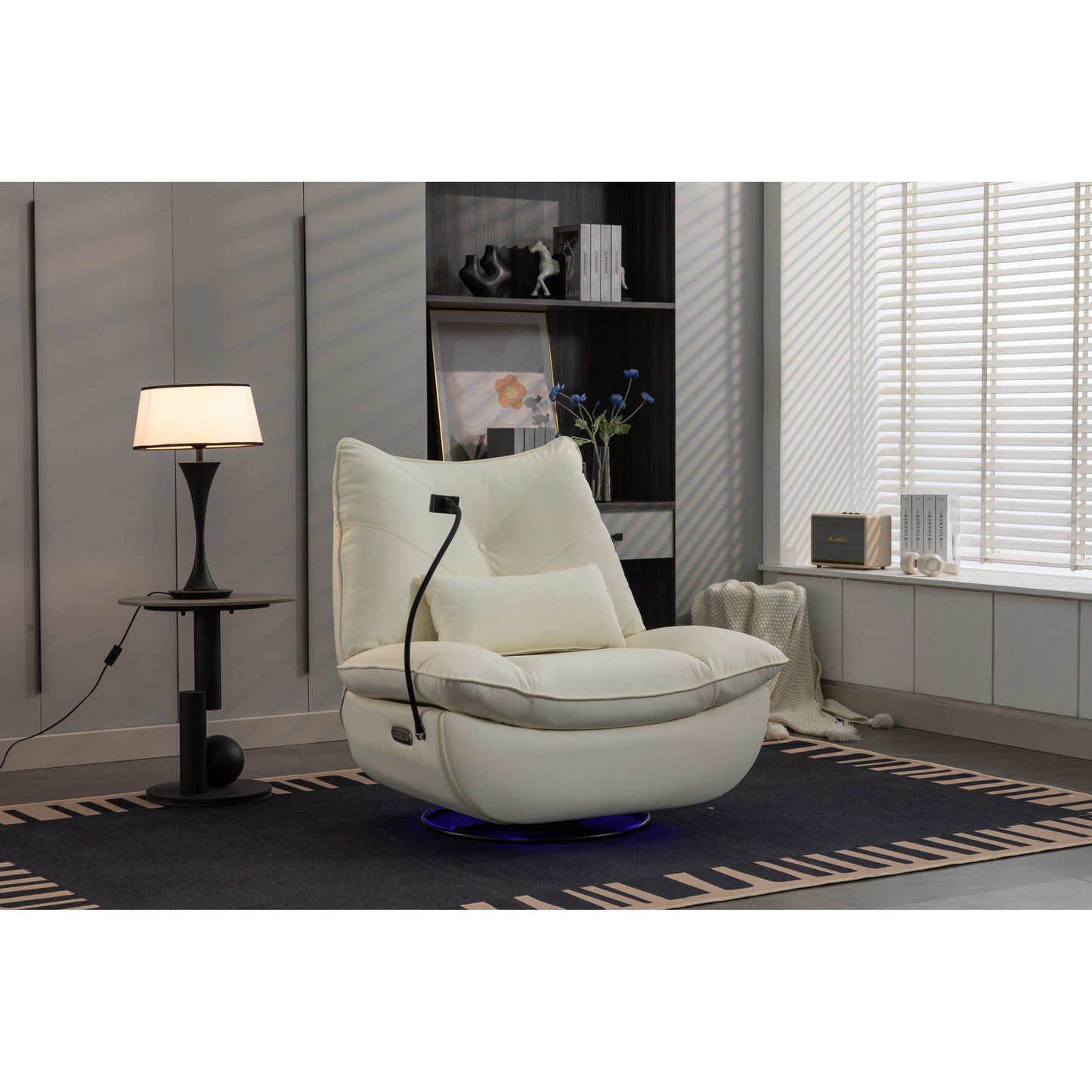 Fauteuil inclinable pivotant et électrique avec haut-parleurs Bluetooth, support de téléphone, ports de charge USB et Type-C, rangement dissimulé dans les accoudoirs