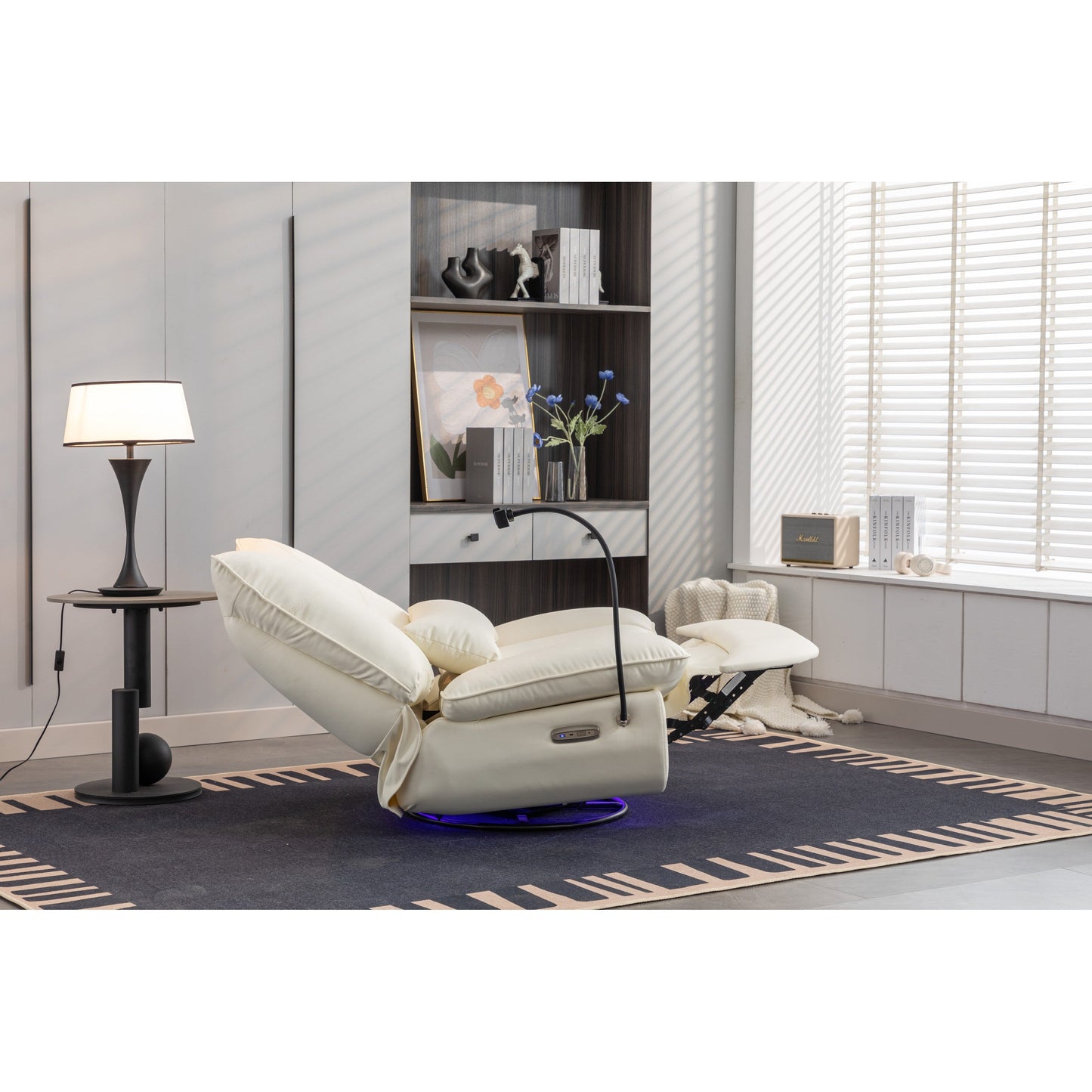 Fauteuil inclinable pivotant et électrique avec haut-parleurs Bluetooth, support de téléphone, ports de charge USB et Type-C, rangement dissimulé dans les accoudoirs