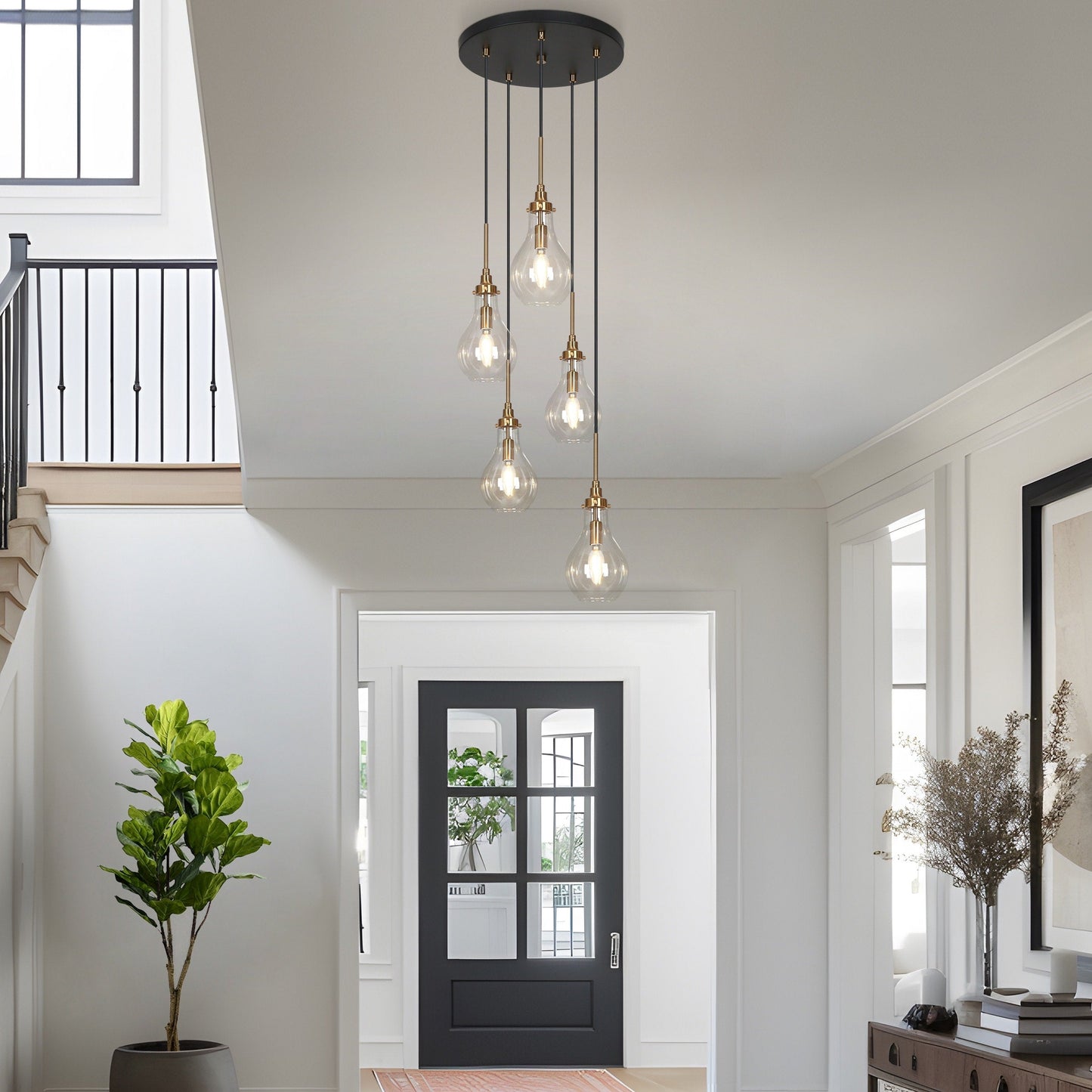 Synia Lustre moderne en verre à 5 lumières en forme de larme pour escalier, entrée, haut plafond - 15'' x 18,2-74,2''