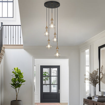 Synia Lustre moderne en verre à 5 lumières en forme de larme pour escalier, entrée, haut plafond - 15'' x 18,2-74,2''