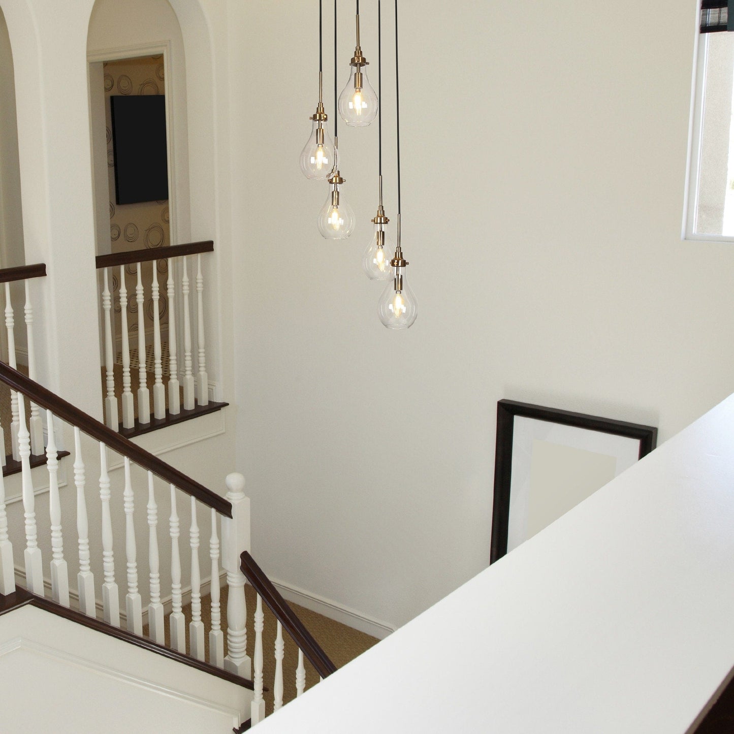 Synia Lustre moderne en verre à 5 lumières en forme de larme pour escalier, entrée, haut plafond - 15'' x 18,2-74,2''