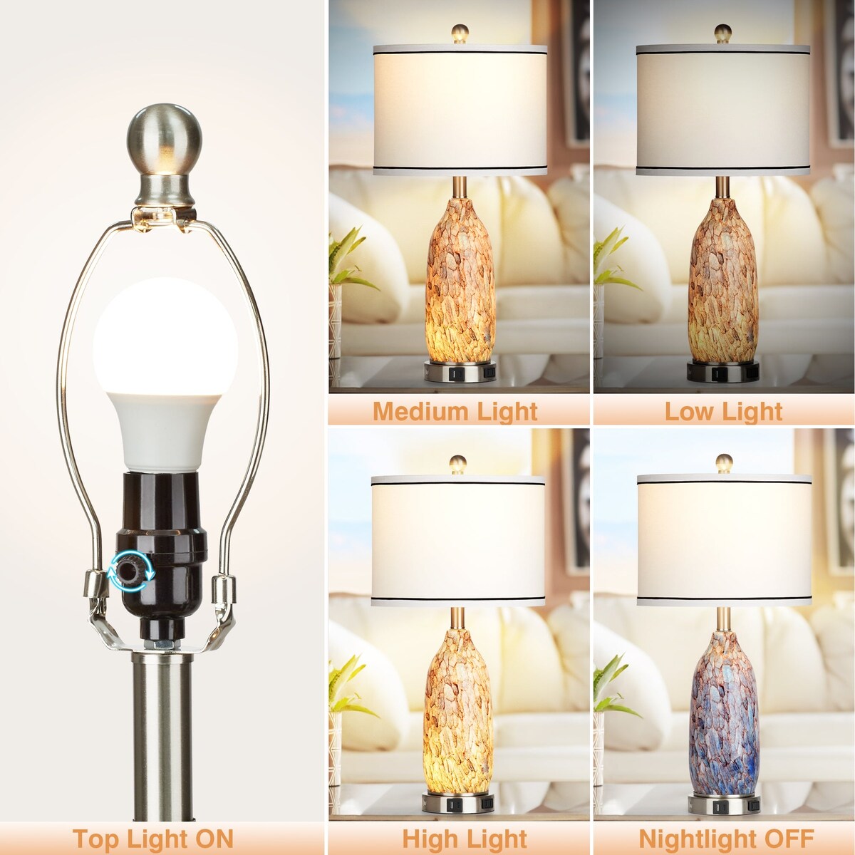 Lampe de table avec veilleuse 2 en 1 en verre indigo, ports de charge, prise secteur, abat-jour tambour, interrupteur tactile (lot de 2)