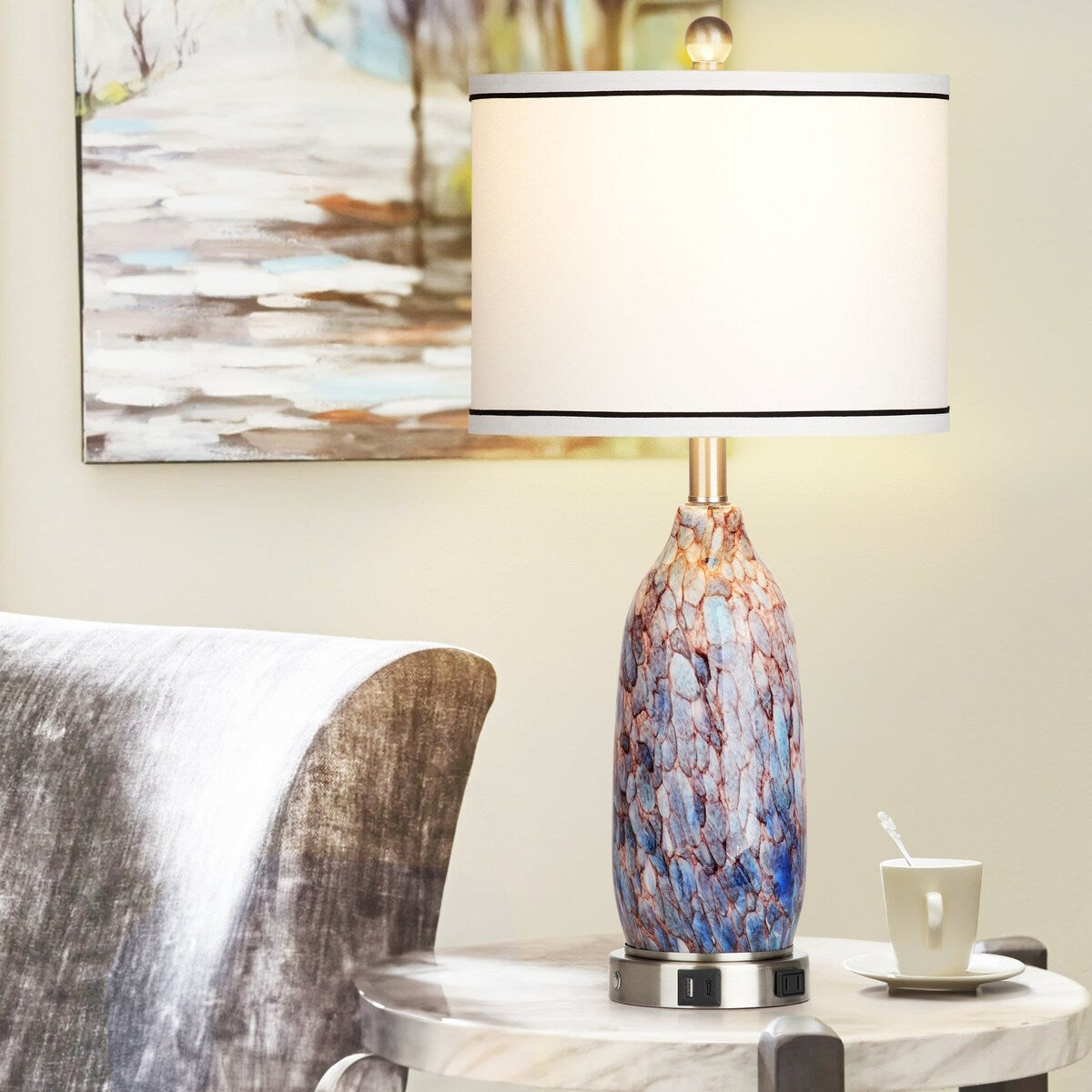 Lampe de table avec veilleuse 2 en 1 en verre indigo, ports de charge, prise secteur, abat-jour tambour, interrupteur tactile (lot de 2)