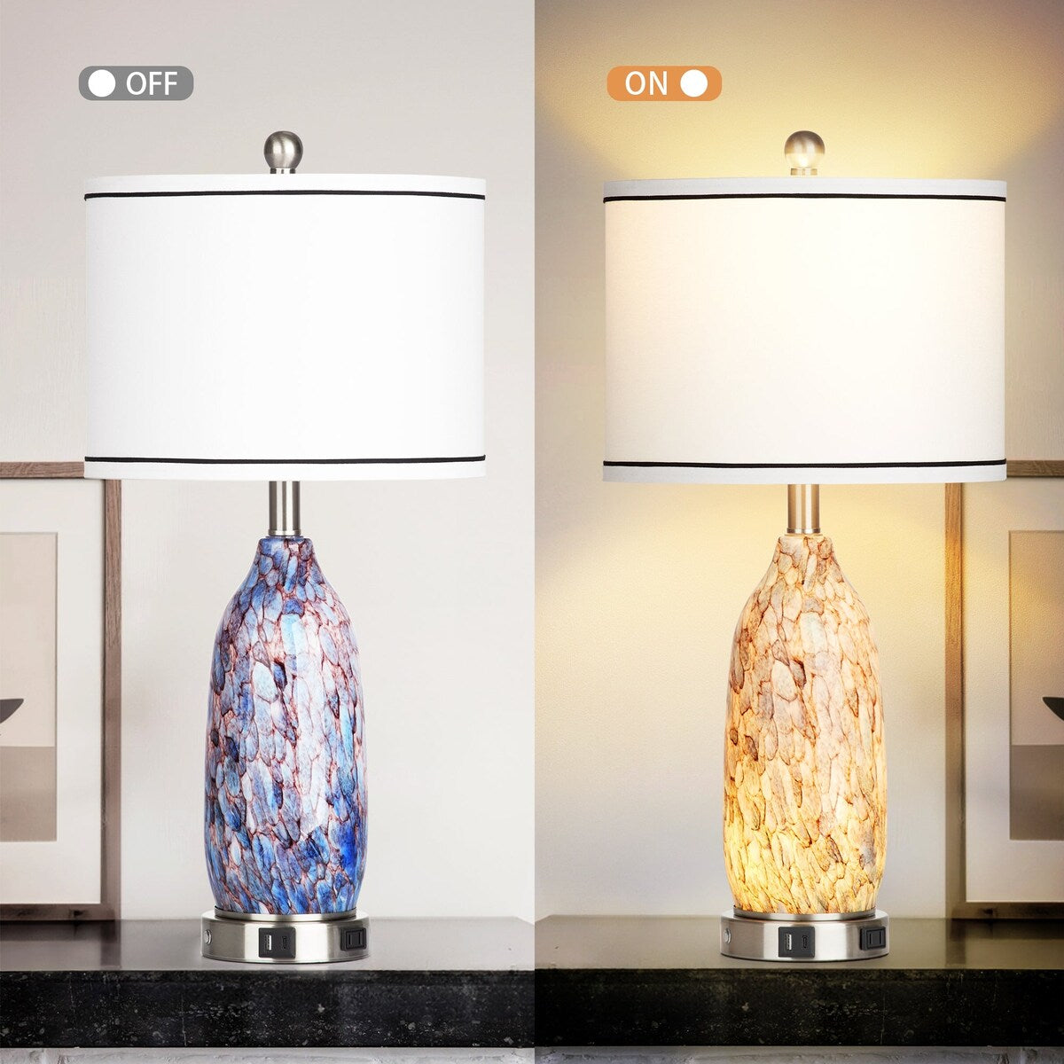 Lampe de table avec veilleuse 2 en 1 en verre indigo, ports de charge, prise secteur, abat-jour tambour, interrupteur tactile (lot de 2)