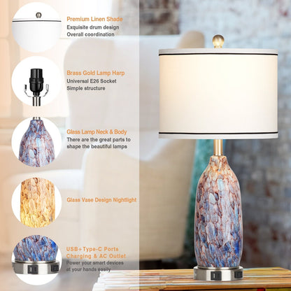 Lampe de table avec veilleuse 2 en 1 en verre indigo, ports de charge, prise secteur, abat-jour tambour, interrupteur tactile (lot de 2)