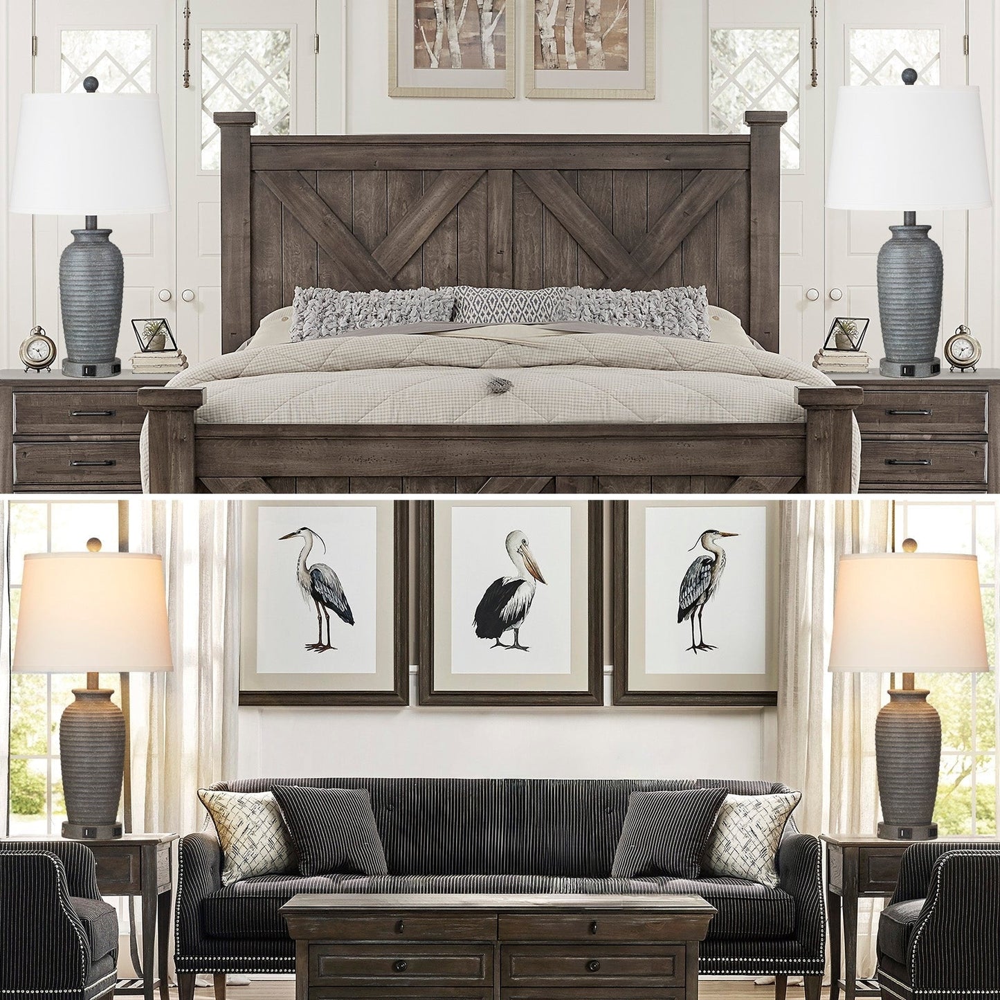 Lampes de table en résine grise avec variateur tactile à 3 positions, port de charge USB et prise secteur (lot de 2)