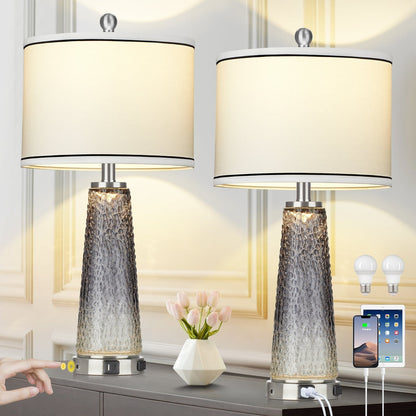 Lampes de table, veilleuses 2 en 1, verre gris, ports de charge, interrupteur tactile bidirectionnel (lot de 2) - 30,5 x 30,5 x 66 cm (L x l x H)