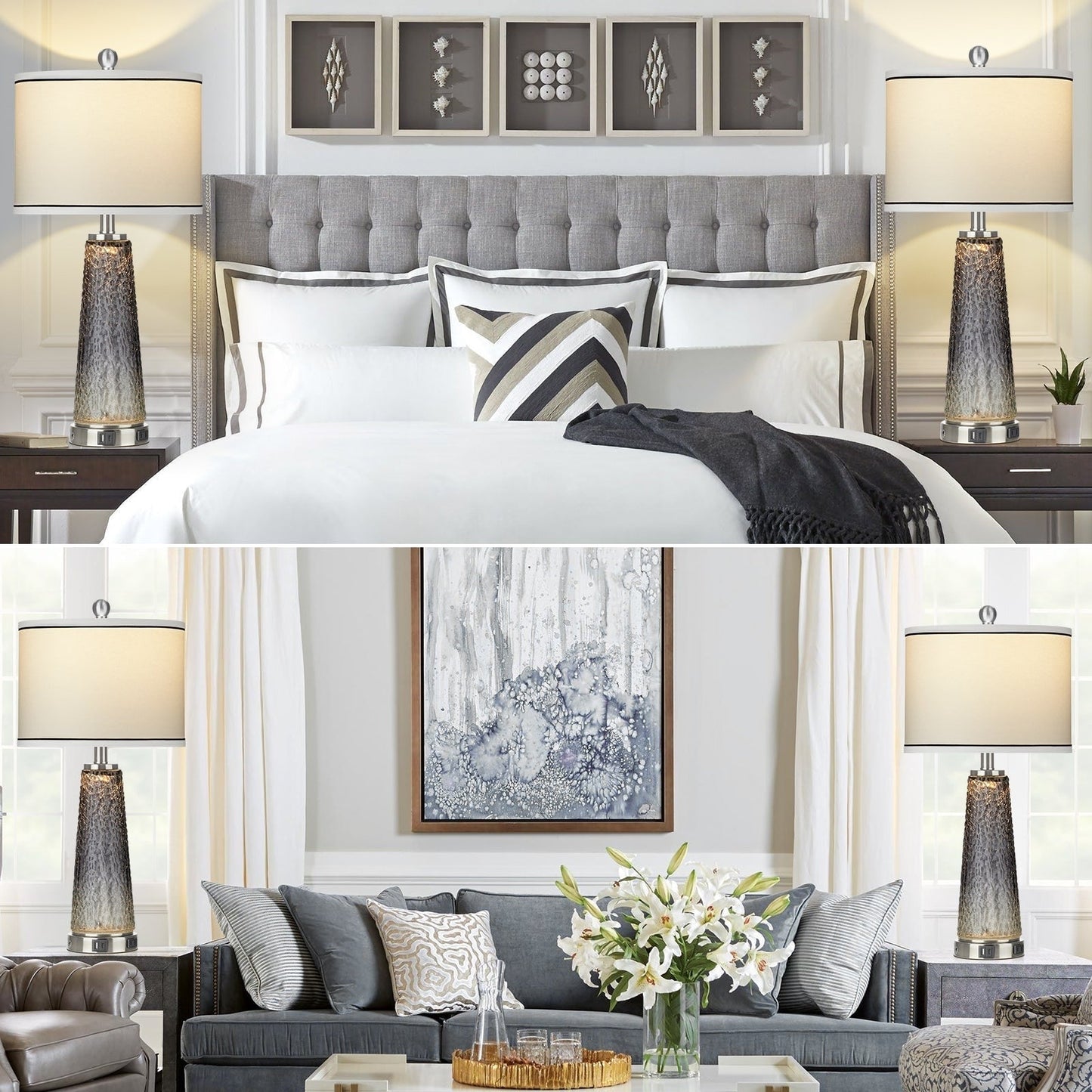 Lampes de table, veilleuses 2 en 1, verre gris, ports de charge, interrupteur tactile bidirectionnel (lot de 2) - 30,5 x 30,5 x 66 cm (L x l x H)