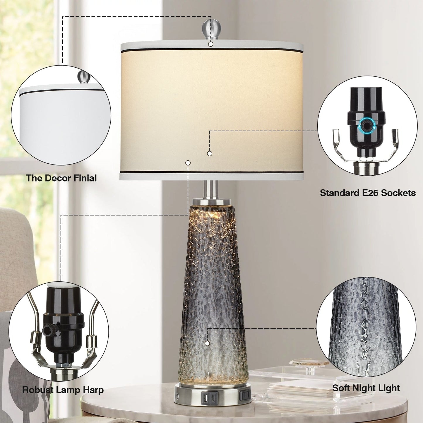 Lampes de table, veilleuses 2 en 1, verre gris, ports de charge, interrupteur tactile bidirectionnel (lot de 2) - 30,5 x 30,5 x 66 cm (L x l x H)