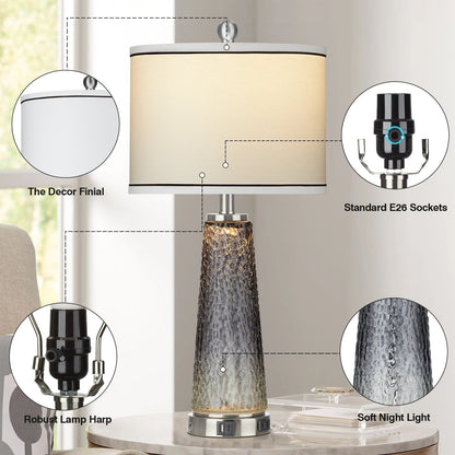 Lampes de table, veilleuses 2 en 1, verre gris, ports de charge, interrupteur tactile bidirectionnel (lot de 2) - 30,5 x 30,5 x 66 cm (L x l x H)
