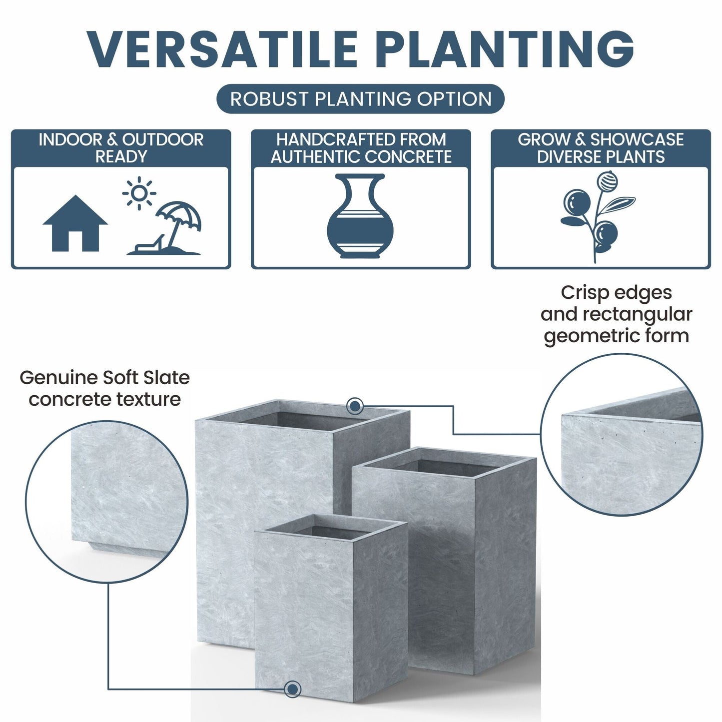 Jardinières rectangulaires en béton de grande taille / Grandes jardinières d'intérieur et d'extérieur