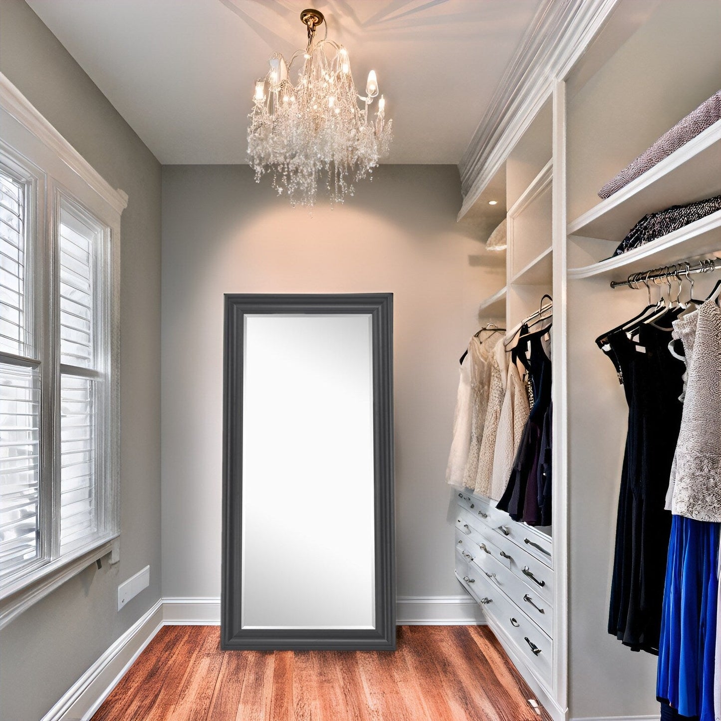 Grand miroir intégral surdimensionné avec cadre en imitation bois lisse, miroir rectangulaire à suspendre au mur