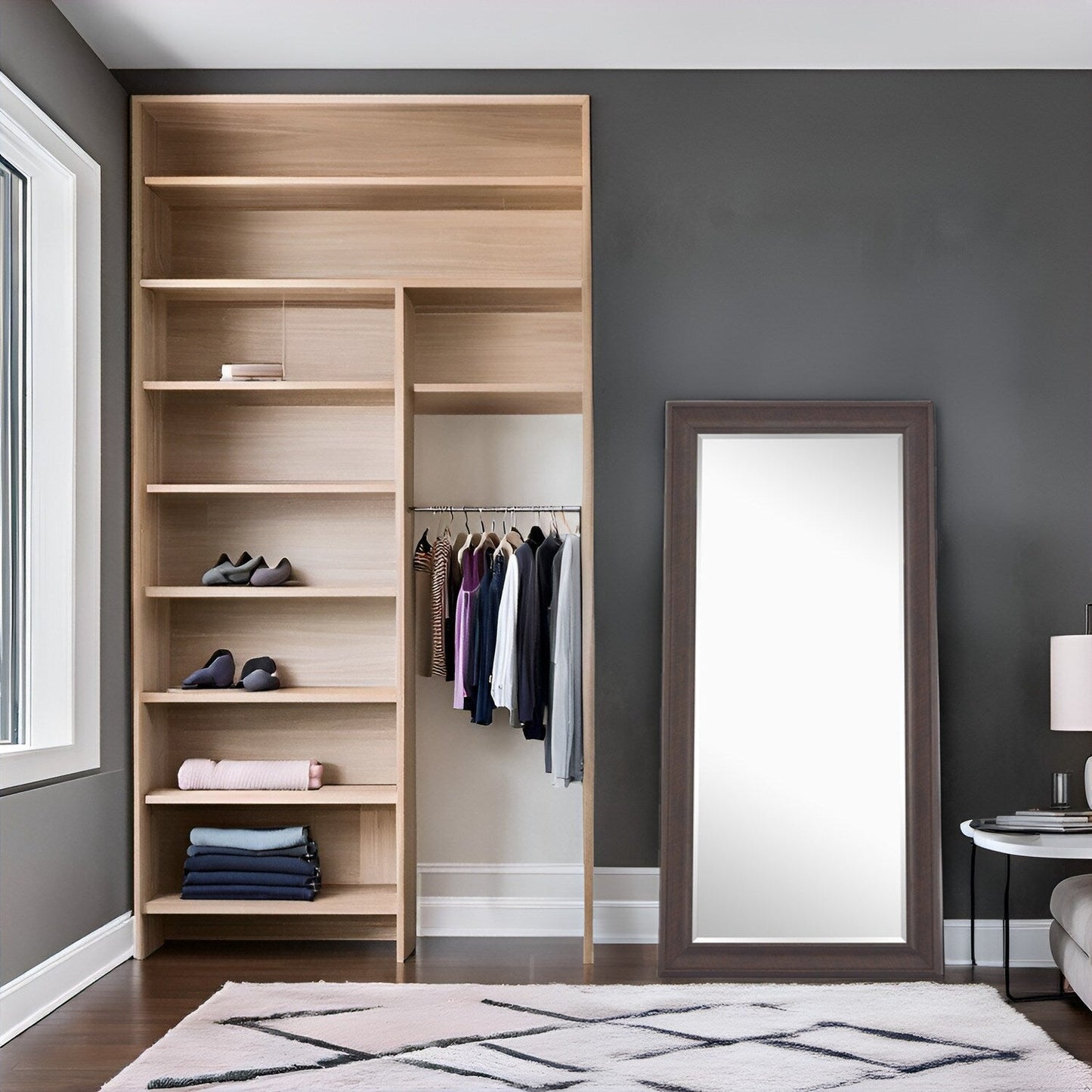 Grand miroir intégral surdimensionné avec cadre en imitation bois lisse, miroir rectangulaire à suspendre au mur