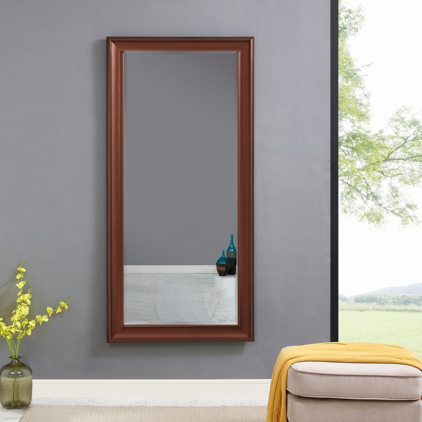 Grand miroir intégral surdimensionné avec cadre en imitation bois lisse, miroir rectangulaire à suspendre au mur