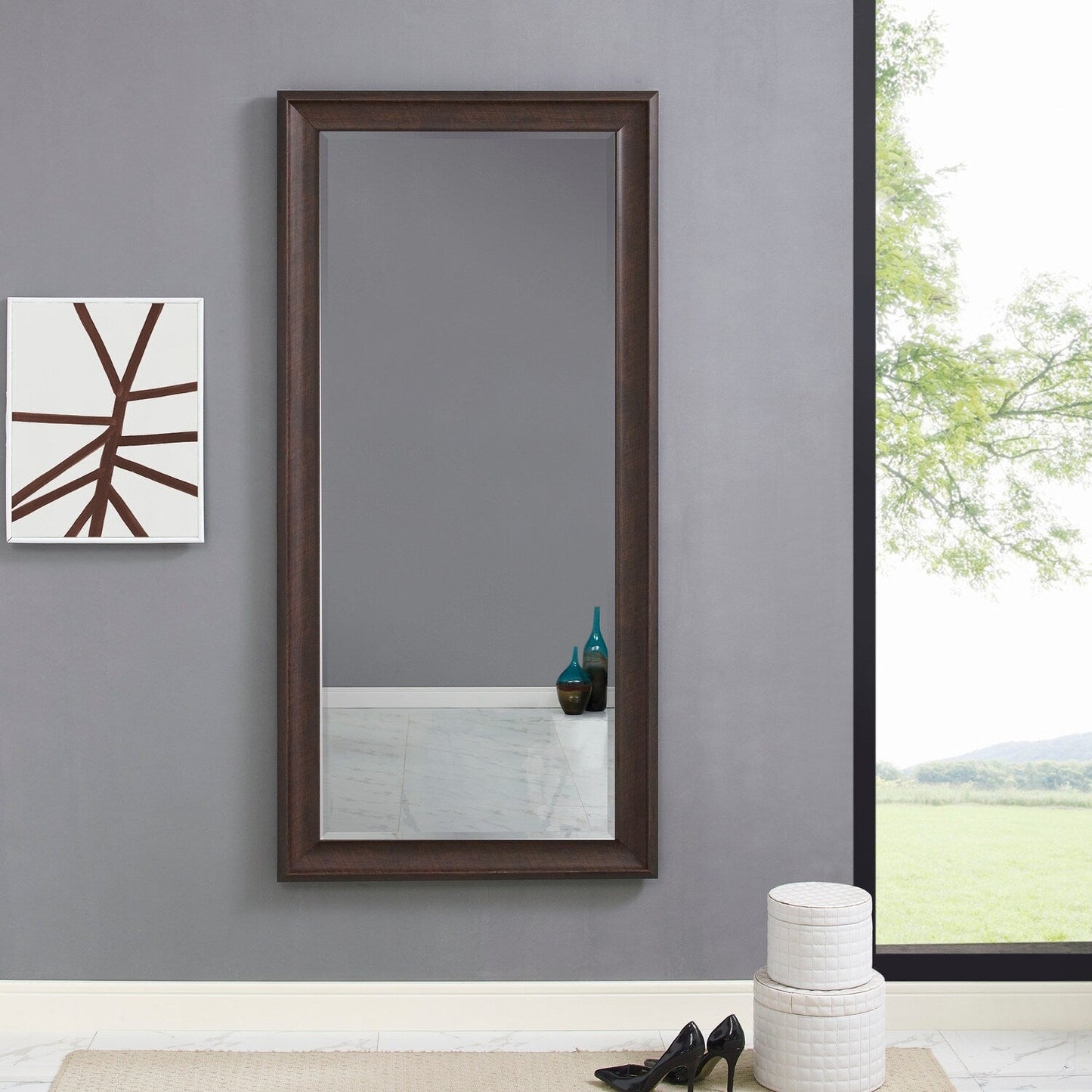 Grand miroir intégral surdimensionné avec cadre en imitation bois lisse, miroir rectangulaire à suspendre au mur