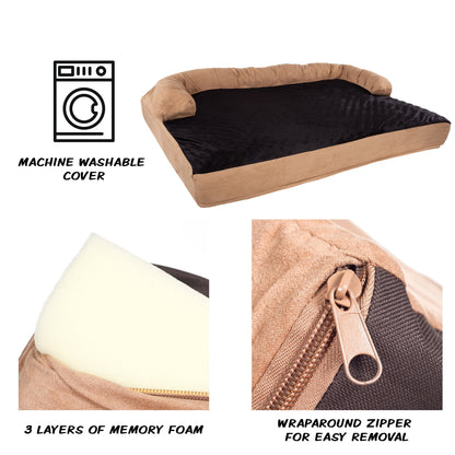 Coussin pour animaux de compagnie beige/noir - Canapé orthopédique 3 couches pour chien avec gel rafraîchissant, mousse à mémoire de forme et coussin cervical