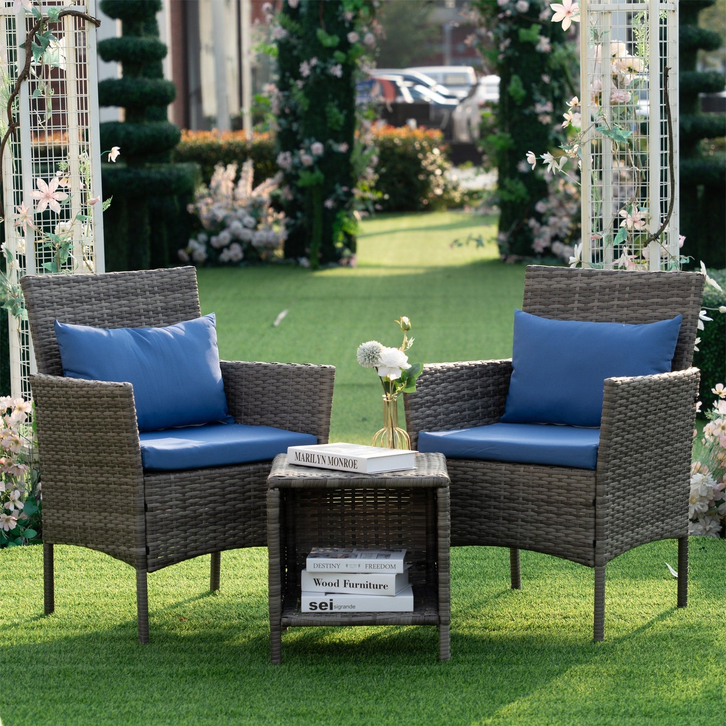 Ensemble de bistrot de conversation 3 pièces pour patio, meubles de conversation d'extérieur, chaises en osier et table de rangement, ensemble de meubles de balcon pour porche