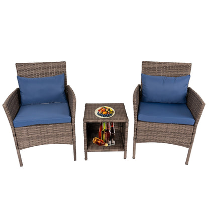 Ensemble de bistrot de conversation 3 pièces pour patio, meubles de conversation d'extérieur, chaises en osier et table de rangement, ensemble de meubles de balcon pour porche