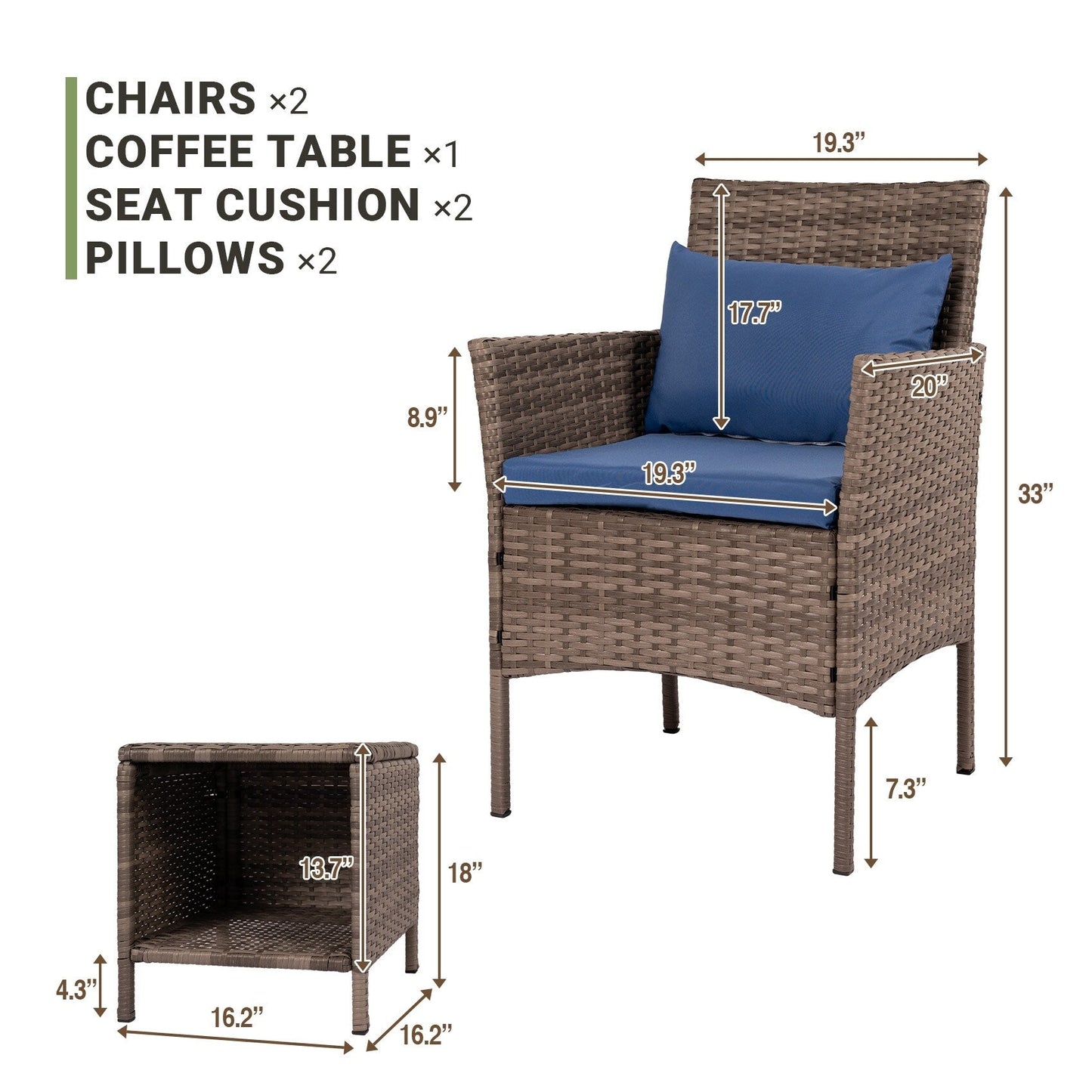 Ensemble de bistrot de conversation 3 pièces pour patio, meubles de conversation d'extérieur, chaises en osier et table de rangement, ensemble de meubles de balcon pour porche