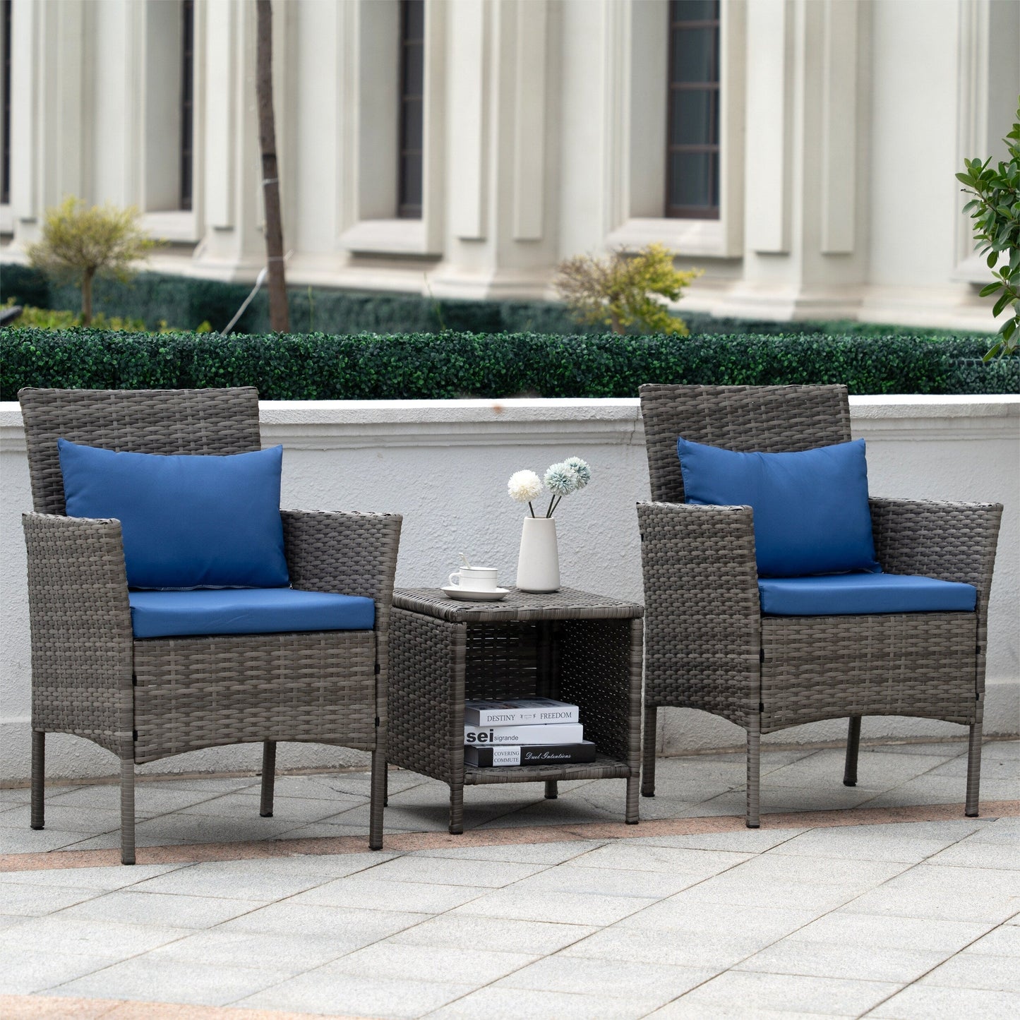 Ensemble de bistrot de conversation 3 pièces pour patio, meubles de conversation d'extérieur, chaises en osier et table de rangement, ensemble de meubles de balcon pour porche